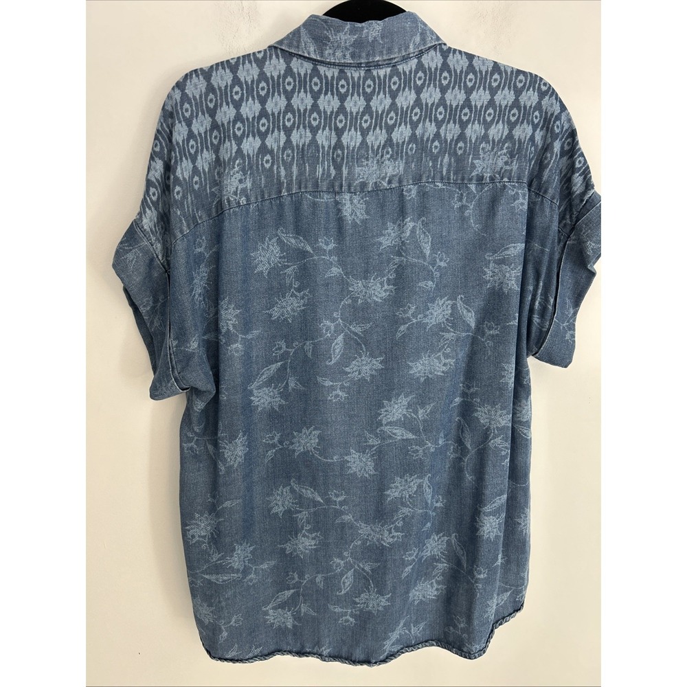 Liverpool Los Angeles Women's S Denim Blue Floral Short Sleeve Button-up Blouse - Picture 9 of 14